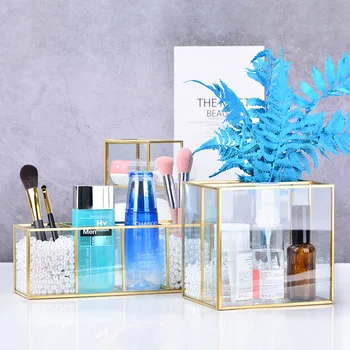 

Cosmetics Storage Organizer Golden Glass Jewelry Tank Debris Box Display Rack Pen Holder Makeup Brush Bucket Desktop Decoration