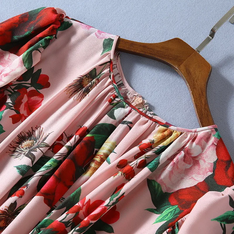 New Pleated Round Neck Printed Lantern Sleeve Dress Women's Dress 191017LU01
