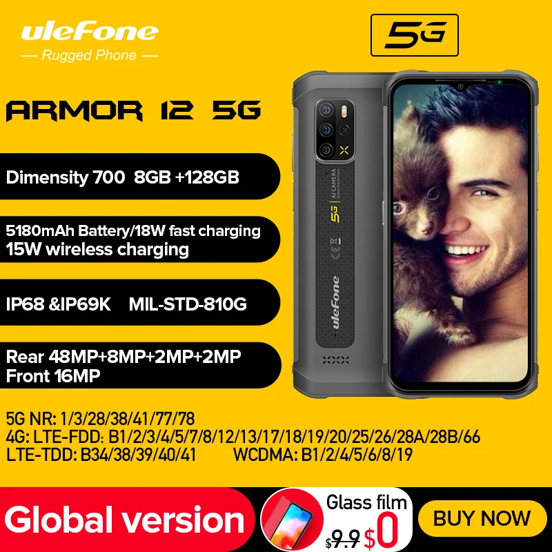 Ulefone 아머 12 5G 러기드 폰, 안드로이드 11, 8GB + 128GB 휴대폰, 6.52 인치 방수 스마트폰, 5180 mAh 무선 충전 NFC 