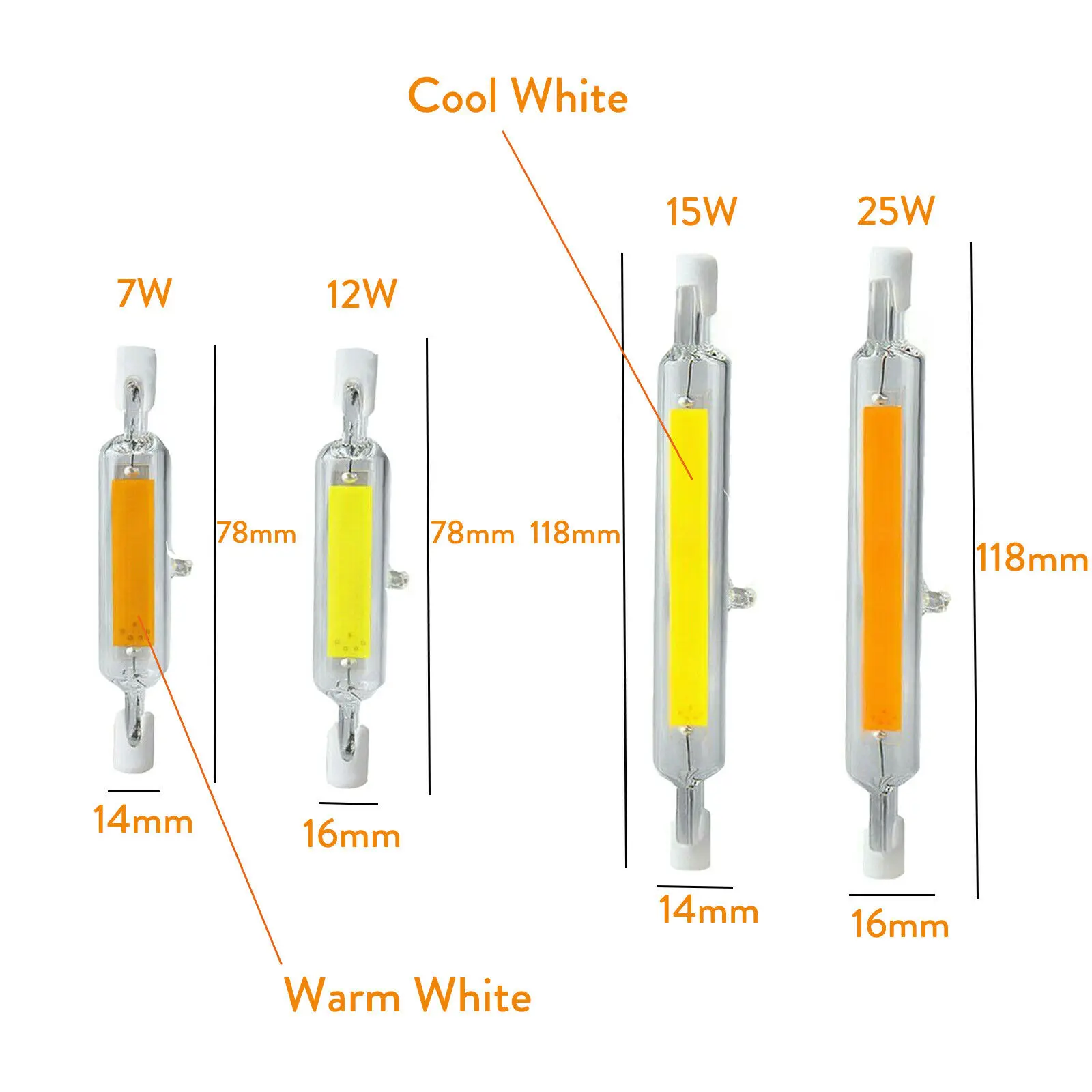 R7s LED COB 전구 세라믹 유리 튜브 라이트 앰플 교체 할로겐 봄블라 스포트라이트, 78mm, 118mm, 7W, 12W, 15W, 25W