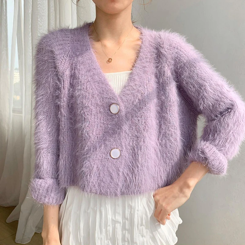 Purple cardigan sweater women's 2020 autumn winter short mohair coat top Soft comfortable Tops Female Pull femme |