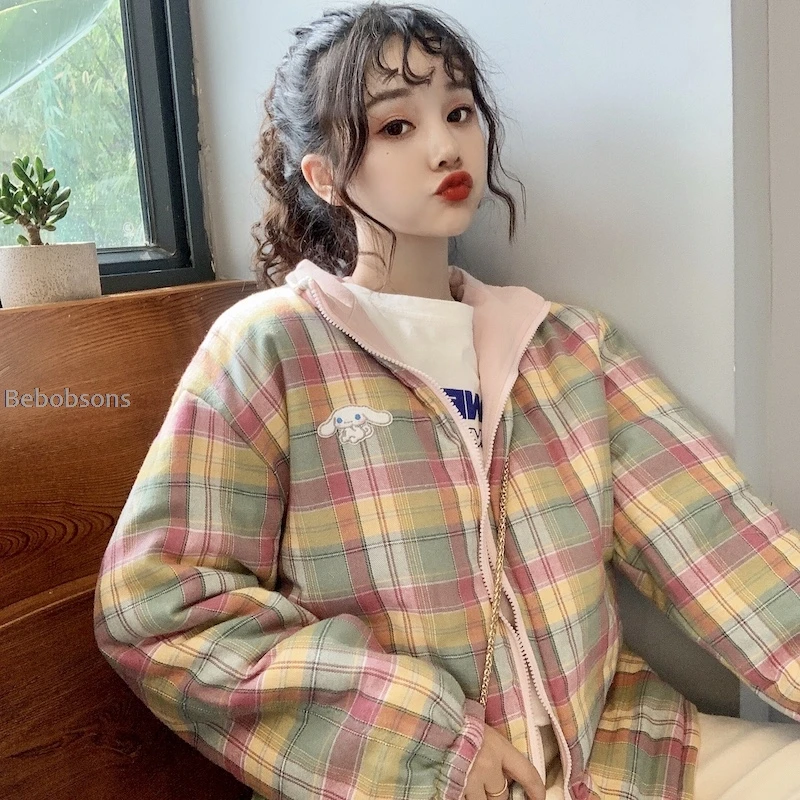 Winter New Preppy Style Rabbit Embroidery Powder Plaid Jacket On Both Sides Wearing Thick Warm Jacket Autumn Women's Cotton Coat