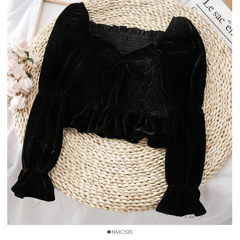 Черный New Spring Autumn Women Slash Neck Velvet Shirt Tie Bow Ruffle Blouse Female Flare Sleeve Blouses Bottoming Short Tops AB1693 - Цвет: Черный