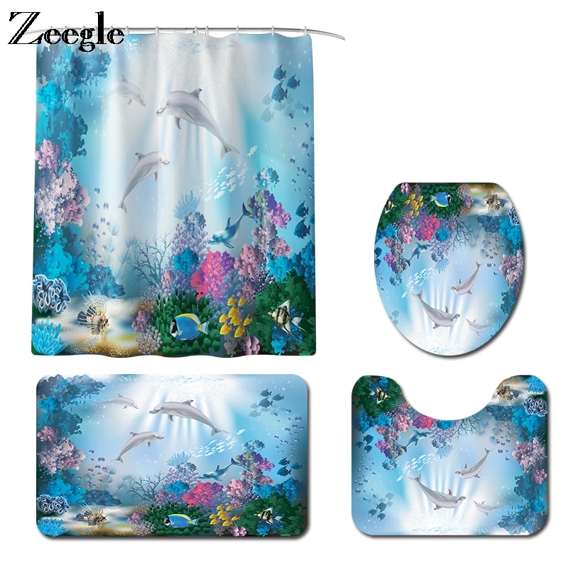 Zeegle Waterproof Bathroom Curtain 4pcs Bath Mat Set Anti-slip Toilet Cover Seat Mat Absorbent Toilet Pedestal Rug Foot Mat