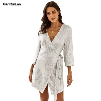 

2020 New European and American Printed Sexy v-neck Dress Nine-Point Sleeve Bag Hip Sequins Slim Dress B0512