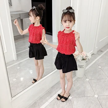 

Summer Girls Clothing Sets Chiffon Kids Clothes Suit Children Sleeveless Dot Tops+Shorts Outfit Girls Clothes 4 6 8 10 12 Years