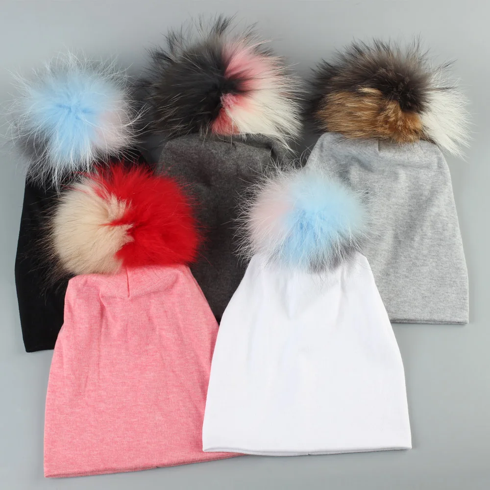 

Newborn Brand New Kids Beanie Hat with Pompom Spring Fashion 3 Tone Colors Raccoon Fur Pompom Slouchy Beanies for Girls