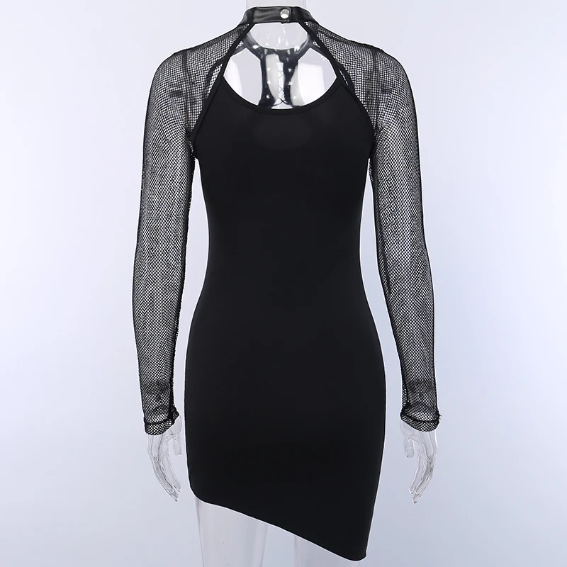 InsGoth, сексуальное Сетчатое облегающее женское мини-платье, готическое, черное, с вырезом на шее, винтажное платье, Сетчатое, с длинным рукавом, вечерние, женское платье