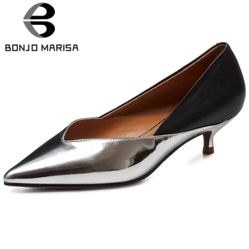 

BONJOMARISA Brand New Ladies Genuine Leather Pumps Fashion Shallow Pointed Toe Pumps Women 2020 Party Ol Thin Heels Shoes Woman