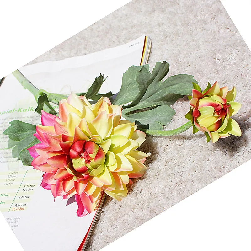 2 головки Dahlias Искусственные цветы Шелковые осенние яркие настоящие на ощупь ромашки искусственные цветы для свадебной вечеринки DIY Украшение Дома Цветочный - Цвет: yellow green