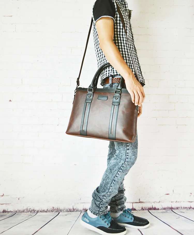 Мужской винтажный портфель, водонепроницаемая сумка из искусственной кожи, мужская сумка для ноутбука, деловая офисная сумка на плечо, Большая вместительная сумка