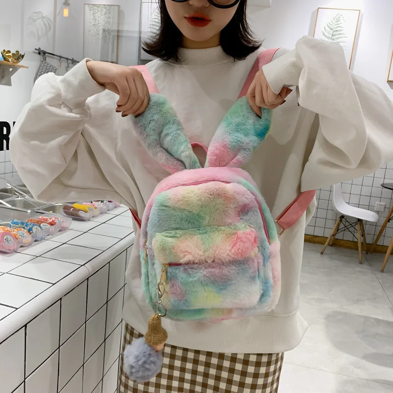 Custom Bear Faux Fur Mini Backpack Rabbit Ear Women Travel Shoulder Bags Fashion Plush Backpack Rucksack School Bag for Girls 