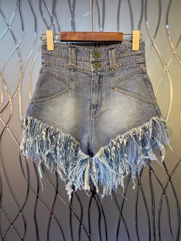 

2020 Spring and Summer New Women's Symmetrical Pocket Hem Fleece Selvage High Waist Denim Shorts Casual 619