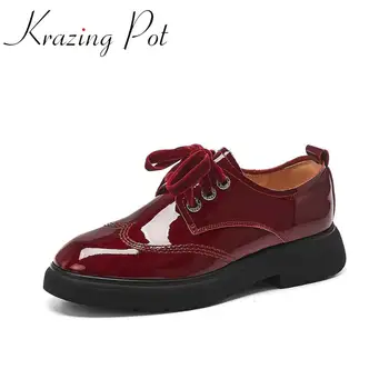 

Krazing pot new British style women shoes genuine leather round toe med heels sewing butterfly-knot deep mouth lace up pumps L91