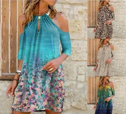 Robe imprimée multicolore pour femmes, manches, col licou, sans bretelles, jupe pour femmes 