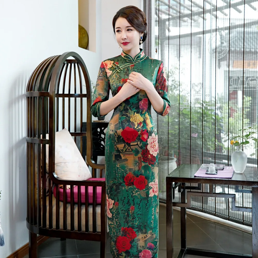Большие размеры 3XL 4XL 5XL осень новое поступление Винтаж три четверти Cheongsam сексуальное женское Формальное длинное платье с цветочным принтом вискозное Qipao