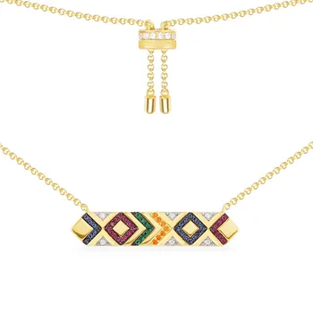 

SLJELY Women High Quality 925 Sterling Silver Yellow Gold Color Colorful Zircon Tribal Stripes Straight Pendant Charm Necklace