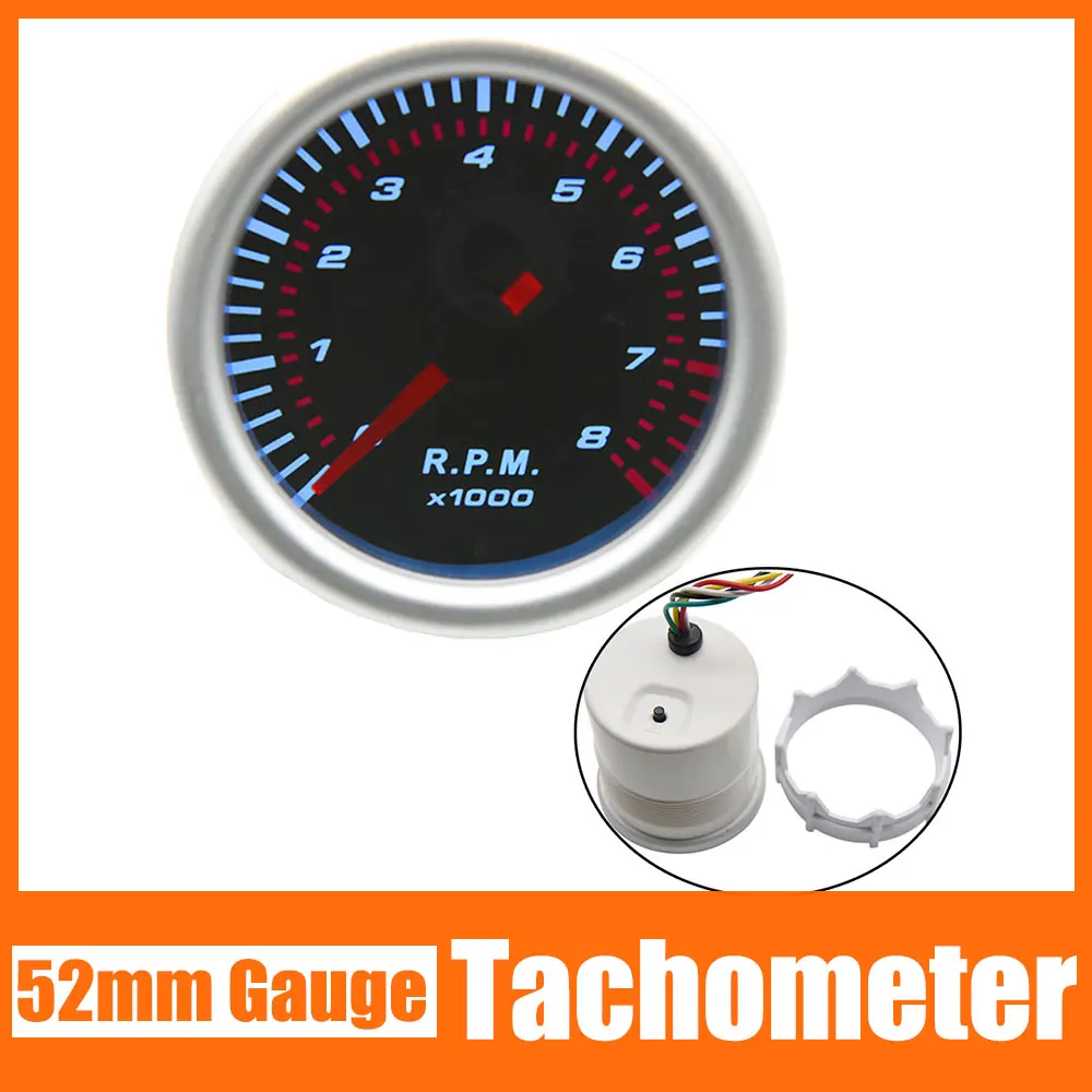 /52 мм тахометр с дымовой линзой Универсальный Автомобильный белый подсветка 0 ~ 8000