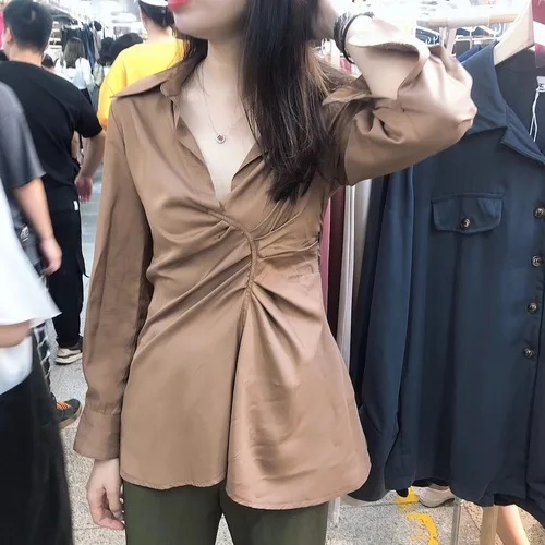 Neploe Блузка Женская мода с v-образным вырезом плиссированный Дизайн Blusas Mujer Invierno Новая тонкая талия рубашка с длинными рукавами однотонный топ 46585 - Цвет: Dark Brown