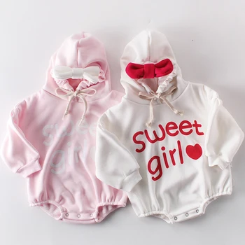 

Baby Bodysuit funny Baby Girl Sweet bow love Jumpsuit Plus velvet thickening Clothes Newborn Hooded Long Sleeve Romper