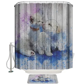 

Watercolor Style Wooden Texture With Two Cute Puppies Shower Curtain with Hooks Doormat Bath Floor Mat Waterproof Polyester