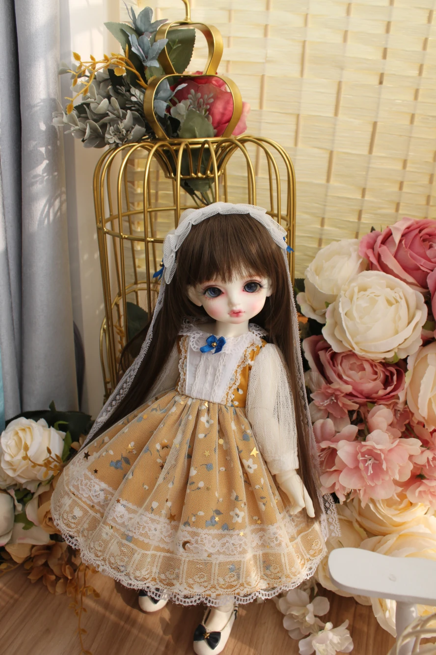 Одежда для кукол 1/3 1/4 1/6 BJD Платье желтого цвета с цветочным принтом; для blyth 1/6 1/4 1/3 BJD кукла аксессуары, платье+ украшение для волос