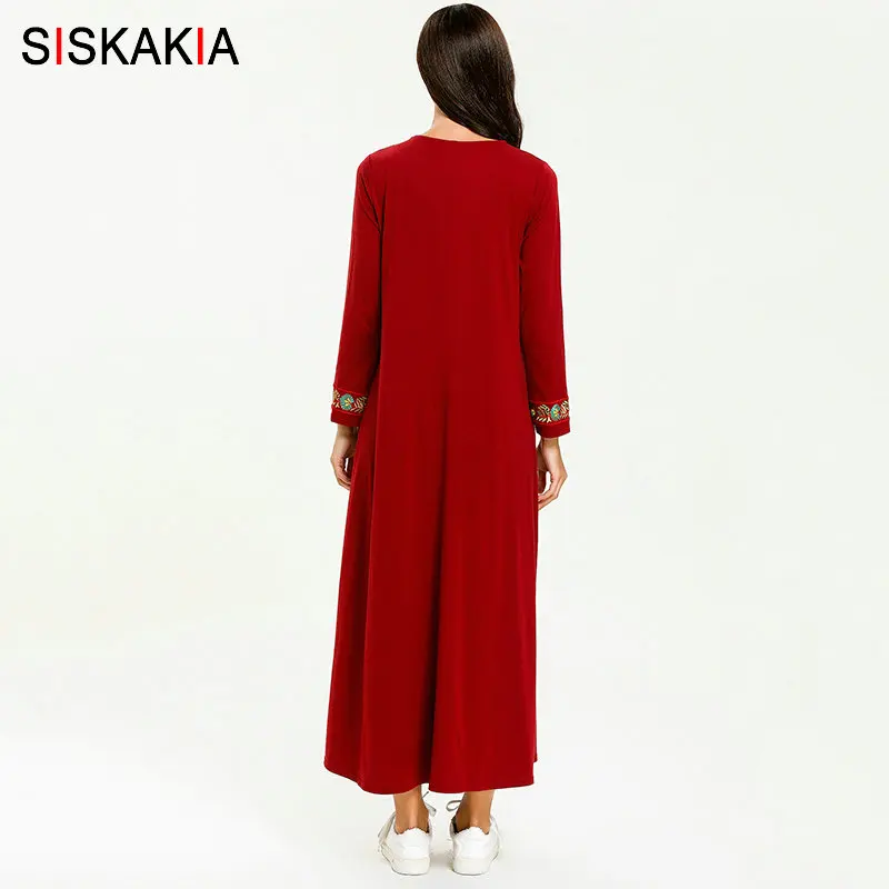 Siskakia, Цветочная вышивка, этническое длинное платье, элегантное, длинный рукав, макси платья размера плюс, повседневная женская одежда, осень, новое красное