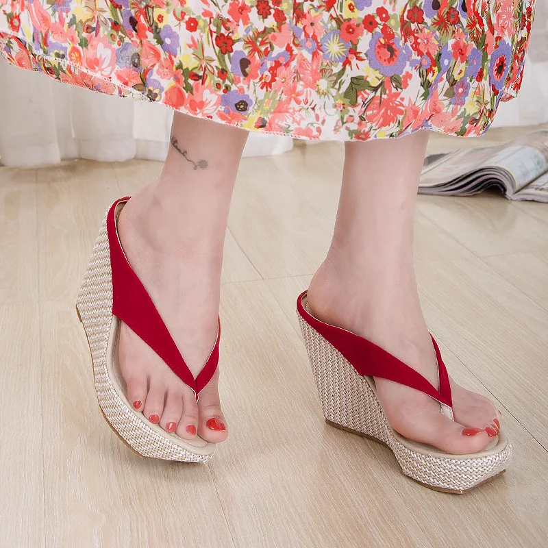 

2019 new Fashion Open Toe Super High Wedges Outside Women Slippers Solid Platform Platform Flip Flops Summer Women Shoes