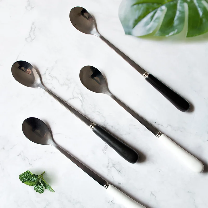 Creative 304 Stainless Steel Spoon Ceramic Handle Cool Coffee Spoon Lengthen Dessert Spoon Milk Tea Spoon Small Soup Spoon