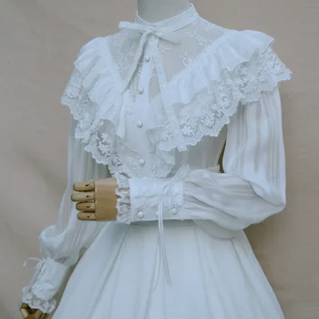 

White Floral Lace & Chiffon Ruffles Turtleneck With Bow Lantern Sleeve Lolita Women Top Sexy Blouse Victorian Steampunk Clothing