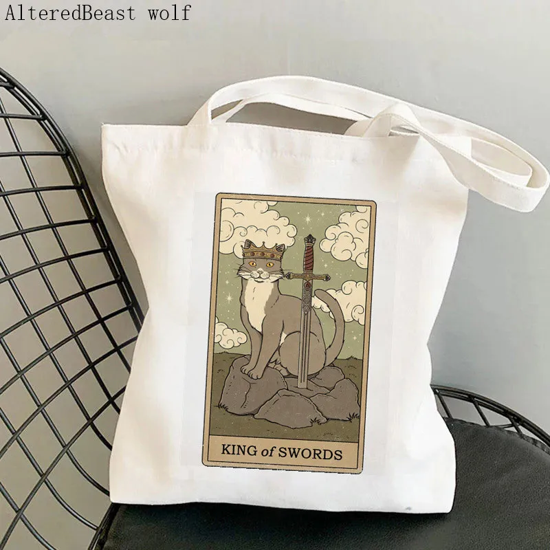 Women Shopper bag Four of Wands cat Tarot Printed Bag Harajuku Shopping Canvas Shopper Bag girl handbag Tote Shoulder Lady Bag