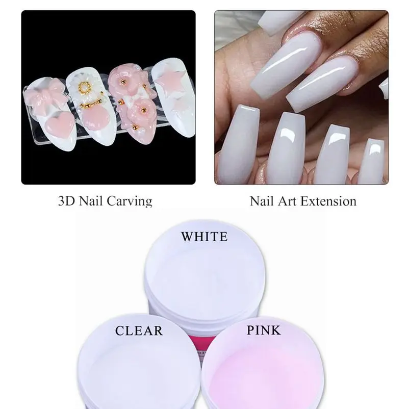 100g/Bag Clear Pink White Carving Crystal Polymer Acrylic Powder 3D Nail Art Tips Builder Acrylic System For Manicure Decor Tips