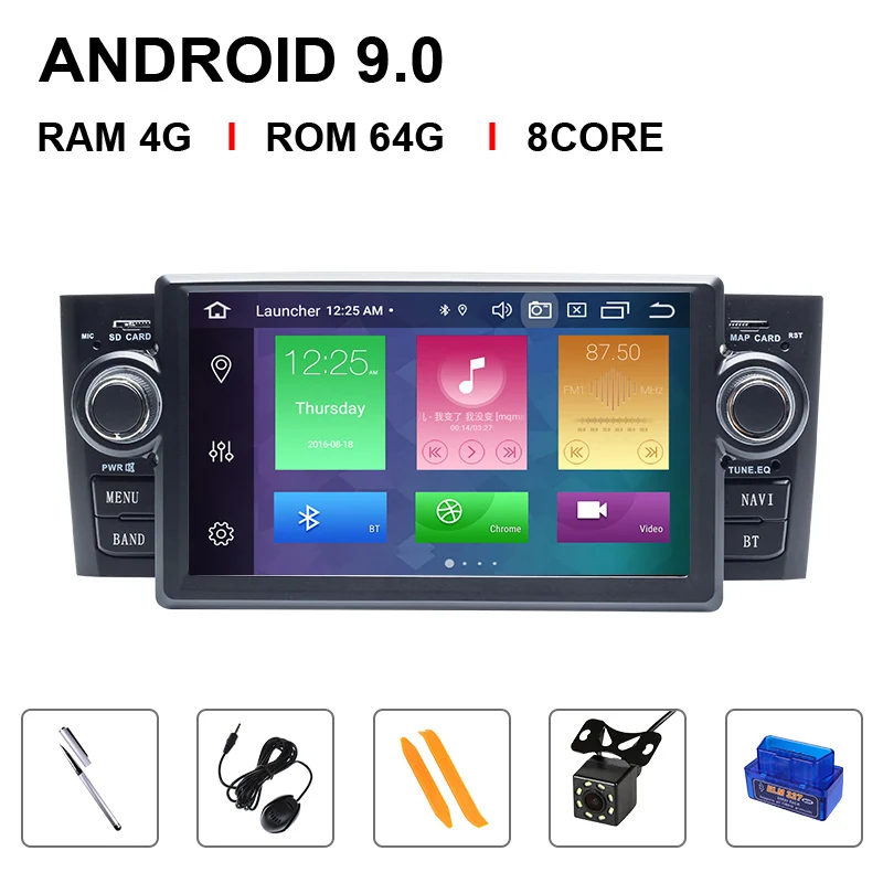 Ips DSP 8 Core 1 din Android 9 Ram 4G Автомобильный DVD мультимедийный плеер для Fiat Grande Punto Linea 2007-2012GPS навигация Радио экран - Цвет: 8 Core 64ROM OBD Cam