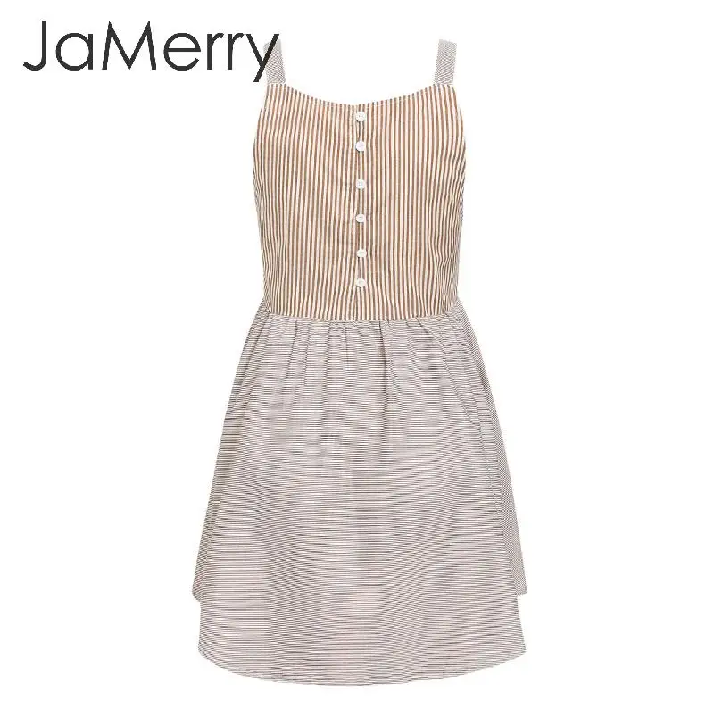 JaMerry летнее платье в полоску с тонкими лямками, женское Повседневное платье трапециевидной формы с высокой талией, женский сарафан с пуговицами сзади, женское пляжное короткое платье