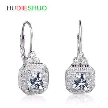 

HUDIESHUO SilverEarrings For Woman Pure 925 SterlingSilver White Square Cubic Zirconia серьги женские Fashion Jewelry