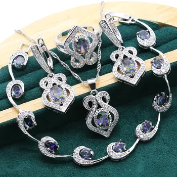 オンライン 神秘的な925スターリングシルバージュエリーセット女性結婚式の多色クリスタルブレスレットイヤリングネックレスペンダントリング