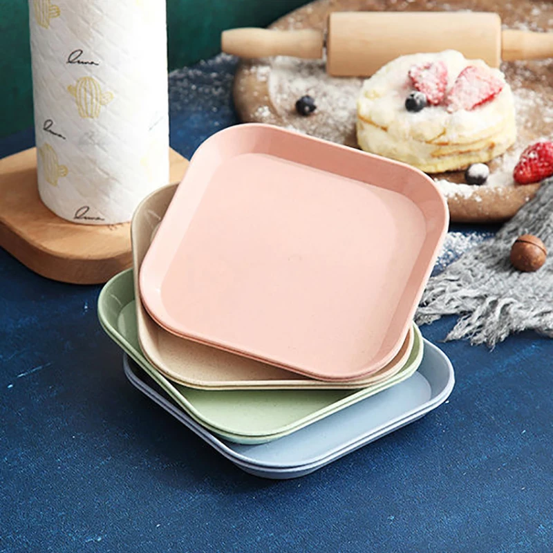 4Pcs/Set Dessert Plate Pure Natural Wheat Square Snack Straw Bowl Sauce Seasoning Dish Degradable EcO-friendly Tableware