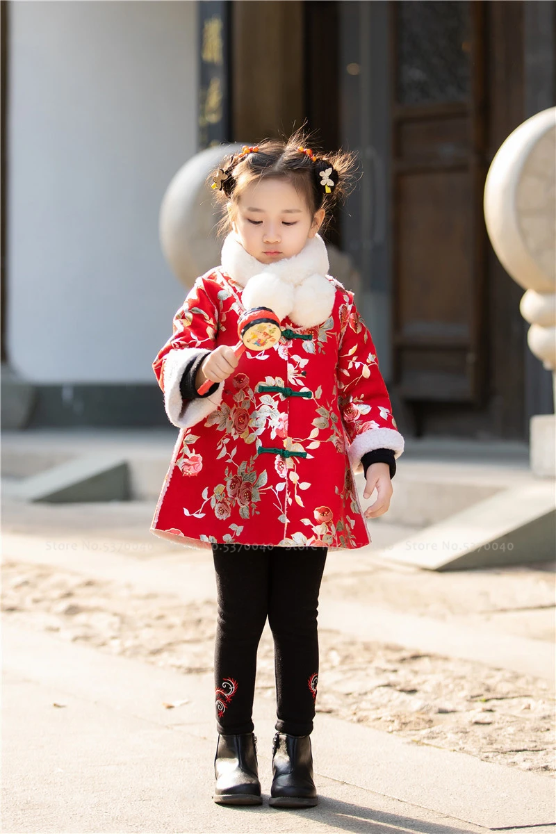 Традиционное китайское Новогоднее платье для девочек Hanfu, детское платье Ципао в стиле ретро, костюм Тан, зимние пальто, винтажные Вечерние наряды