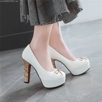

2019 Patent Pu Spike Hih Blin Glitter Heels Ladies Weddin Party Shoes Platform Bowtie Slip on Hih Heel Pumps Summer