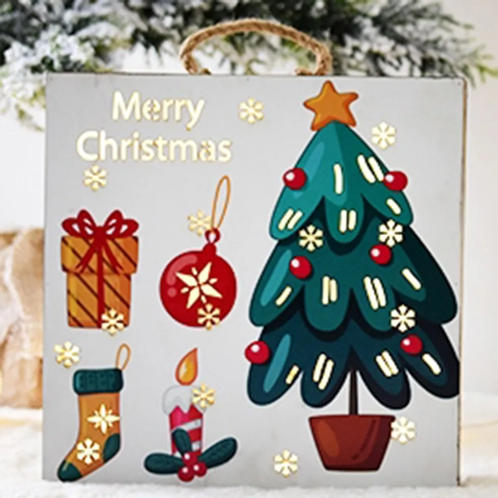

Merry Christmas Snowman Wooden Doorplate Xmas Tree Bell Red Fruit Pattern Square Pendant Ornaments Festival Supplies