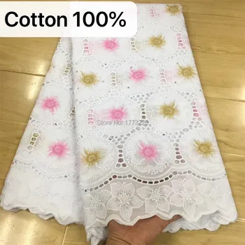 

White Hollow Out African Cotton Lace Fabric High Quality Stones Embroidery Swiss Voile Lace In Good Switzerland For Party Dress