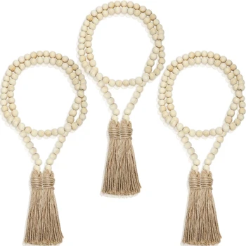 

Wooden Garland Beads with Tassels Farmhouse Bead Tassel Hanging Garland for Wedding Home Decoration 3Pcs