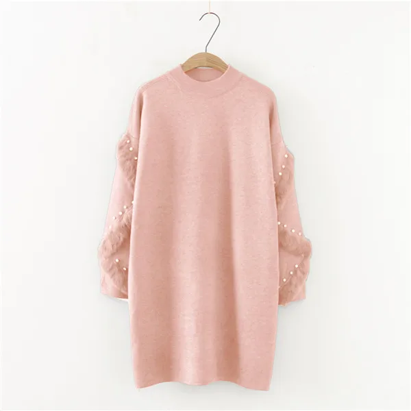 D00746 pink New Winter Long Sweaters Women Casual Loose Pullover Jumpers Real Rabbit Fur Sweater pull femme beading Pearl turtleneck jumper - Цвет: D00746 pink