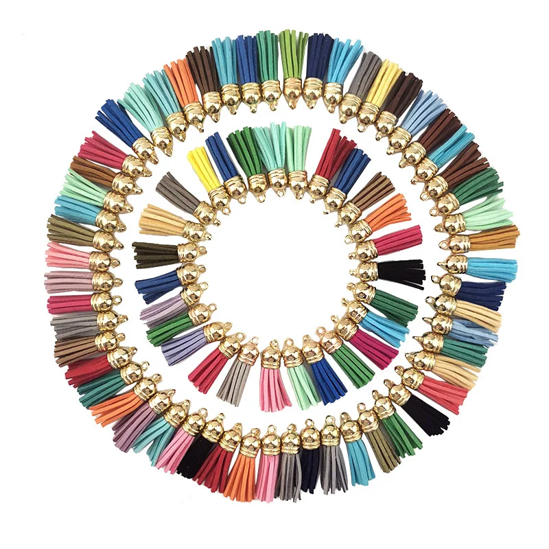 (100 Pcs/pack) 38mm Golden Hat Tassel Vintage Leather Fringe For Purl Macrame DIY Jewelry Keychain Cellphone Straps Pendant