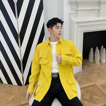 

Male Women High Street Hip Hop Pink Yellow Shirt Coat Men Multi-pocket Corduroy Long Sleeve Casual Shirt Style Cargo Jacket