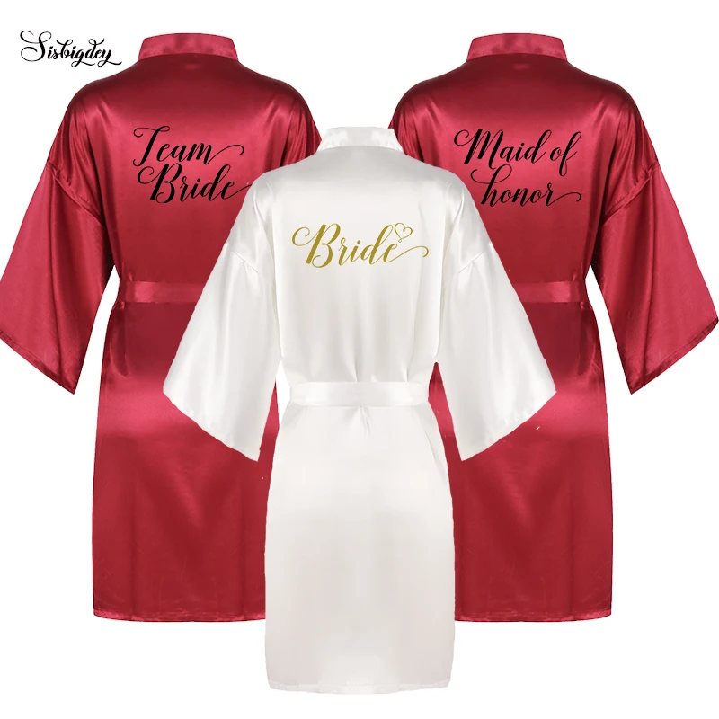 Атласные халаты невесты женские свадебные пижамы Короткие бордовые халаты bestfriend невесты красное кимоно халаты