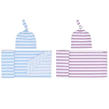 

2 Set Knitted Baby Swaddle Blanket with Hat Set, Newborn Swaddle Wrap, Receiving Blankets - Light Purple & Light Blue