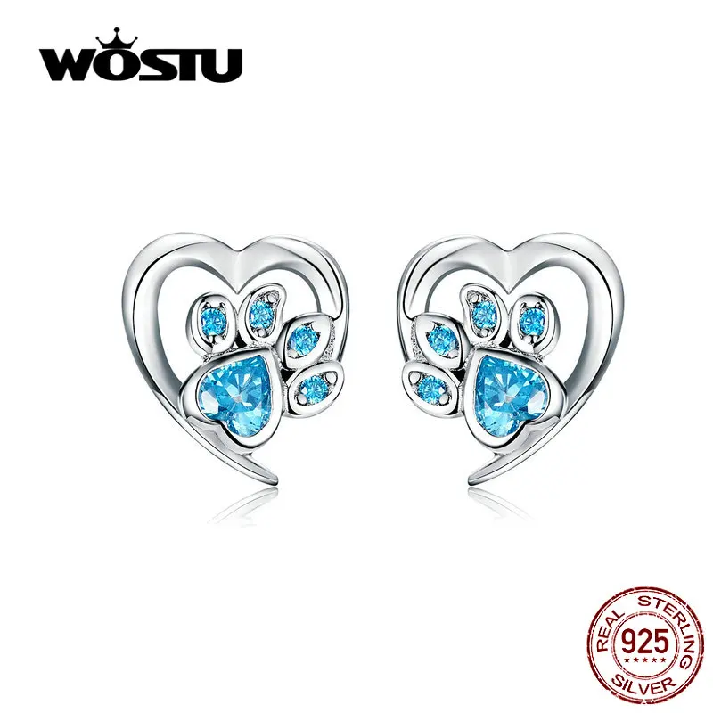 WOSTU, серьги в виде собачьей лапы, 925 пробы, серебряные, синие, циркониевые серьги для женщин, Свадебные Роскошные ювелирные изделия CQE654