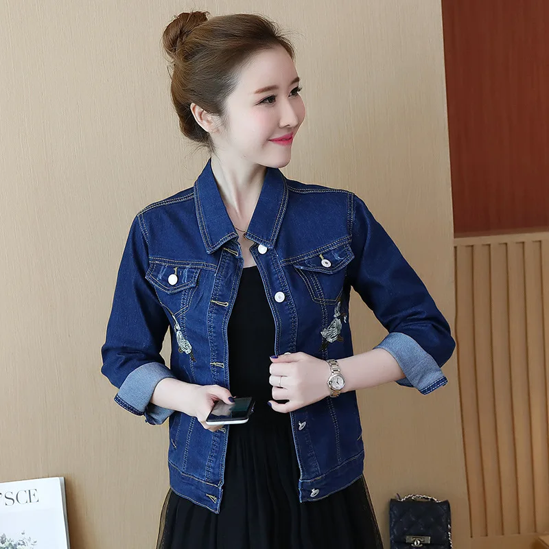 

Spring And Autumn New Style Cowboy Clothing Embroidered Versatile Jeans Coat Women's Short Long-sleeved Upper Garment Jacket Fas