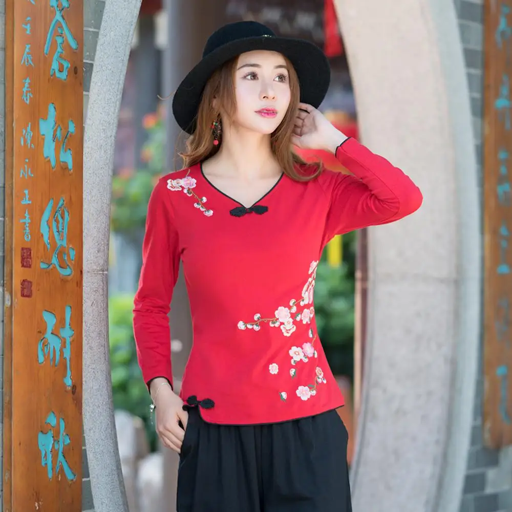 Красный KYQIAO camiseta mujer Этническая футболка Женская Осень Зима Мехико стиль длинный рукав красный белый черный вышивка рубашка - Цвет: Красный